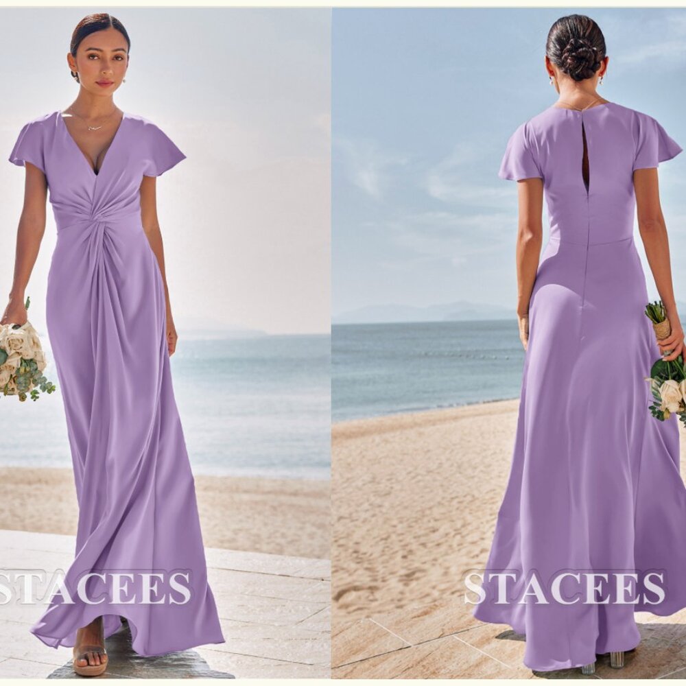 BNWT Stacees Sheath V Neck Short Sleeve Floor-Length Bridesmaid Dress Sz 14